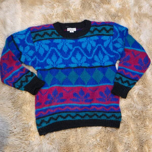 Vintage Gallagher Small Mohair Blend Teal Magenta Black Women's Sweater Retro